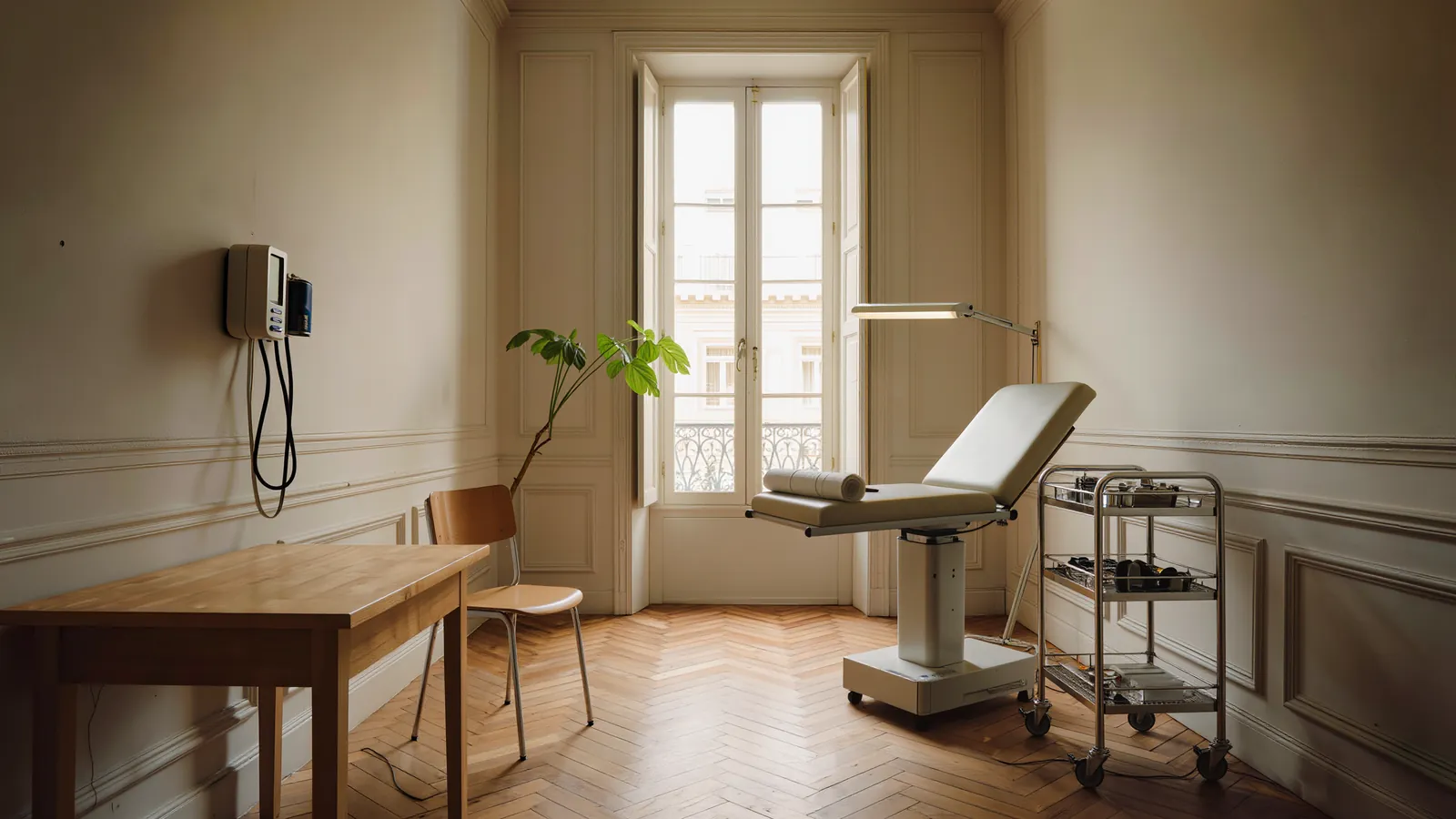 Salle de consultation équipée d'une table d'examen, d'un chariot et d'un tensiomètre mural