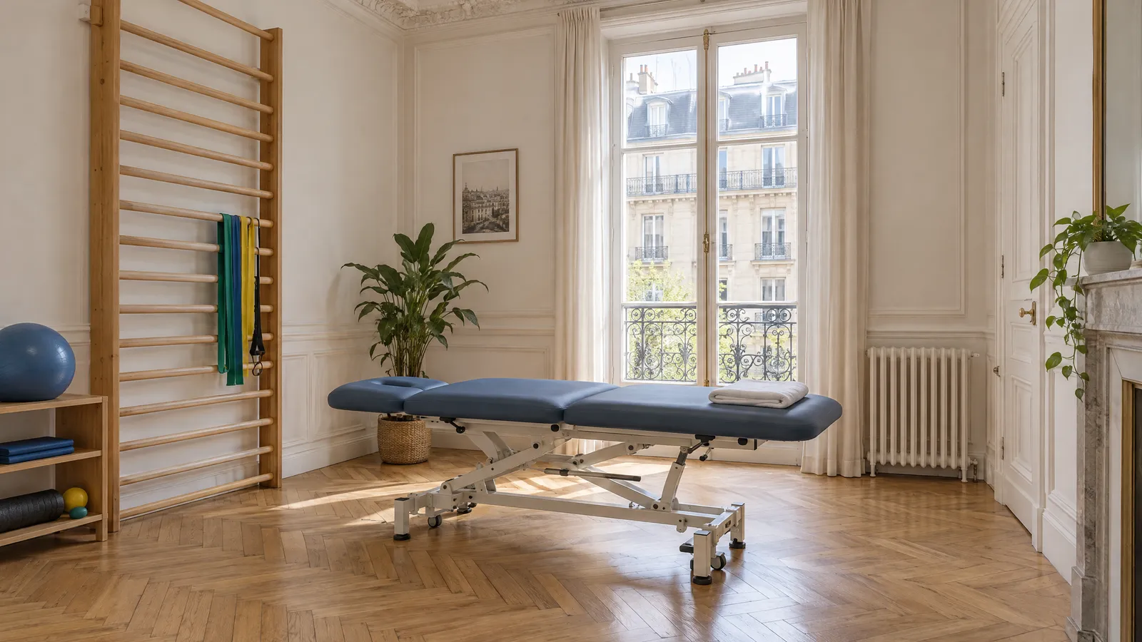 Salle de soins de kinésithérapie vide, table de traitement et espalier, parquet clair