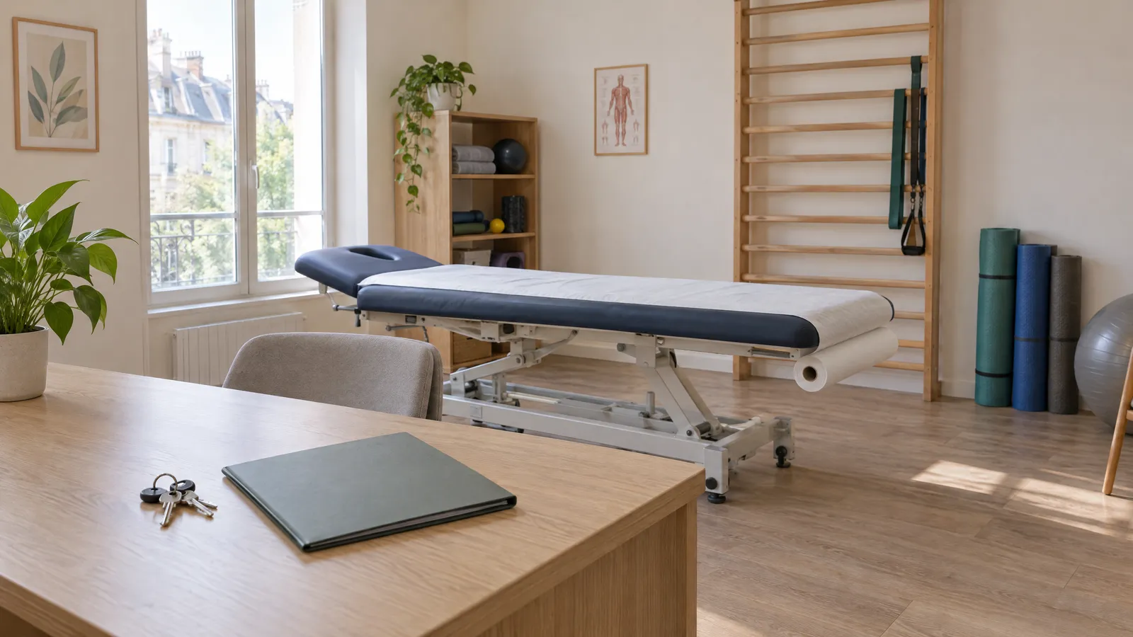 Salle de soins de kinésithérapie prête à l'emploi, table recouverte de papier, trousseau de clés et classeur posés sur un bureau en chêne clair