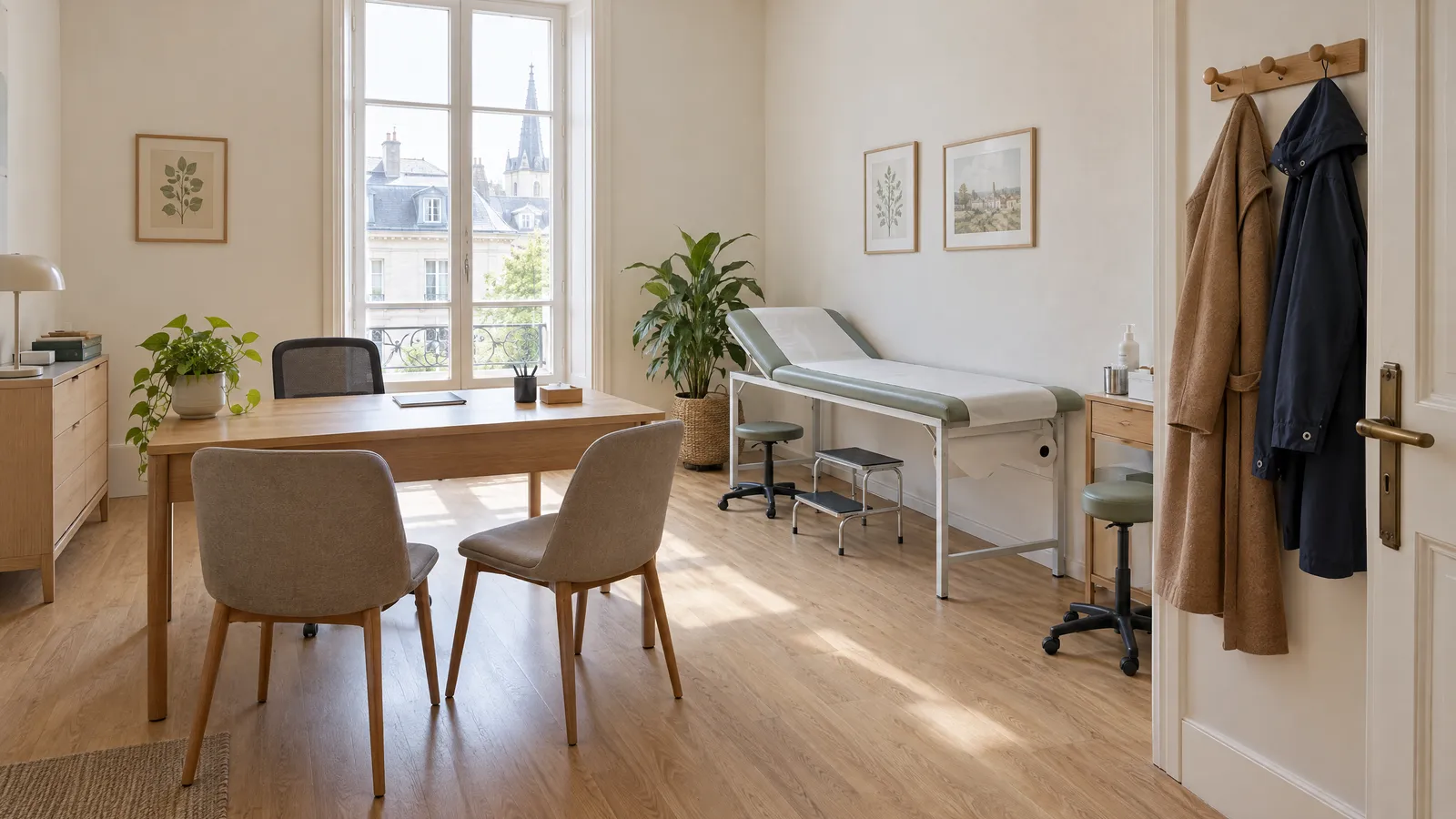 Salle de consultation lumineuse, bureau et table d'examen, deux manteaux accrochés près de la porte